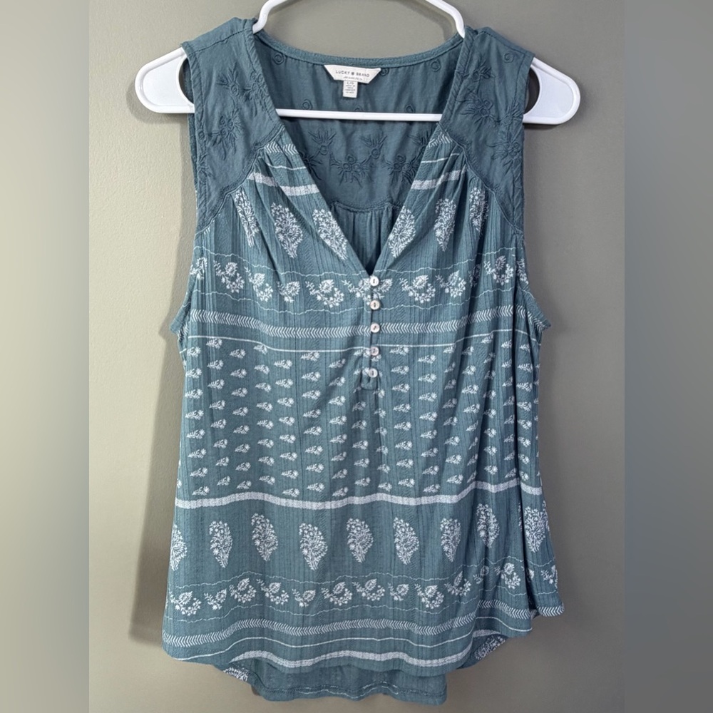 Lucky Brand sz Large Sleeveless Printed V-Neck Top in Teal Boho